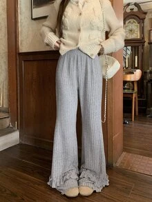 DAZY Women's Gray Knitted Ribbed Ruffle Wide Leg Pants, Sweet Casual For Shopping And Home Wear, Autumn/Winter - Grey - View 4