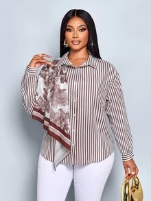 SOLERSUN Plus Size Fall Luxury Commuter Brunch Office Mid-Length Long Sleeve Shirt Turn-Down Collar Button-Up Striped Scarf Print Teacher's Day All White - Coffee Brown - View 2