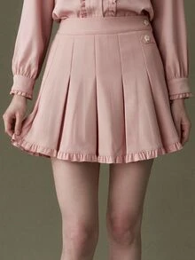 Elnivra Women's Ruffle Button Sweet Blouse And Pleated Mini Skirt 2 Pieces Set - Pink - View 4