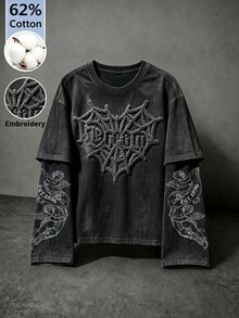 Manfinity EMRG 男士水洗 2-in-1 層次感 T-shirt，3D 蜘蛛網與天使圖案長袖圓領上衣，適合街頭風、日常穿著與休閒外出 - 黑色 - 查看 1