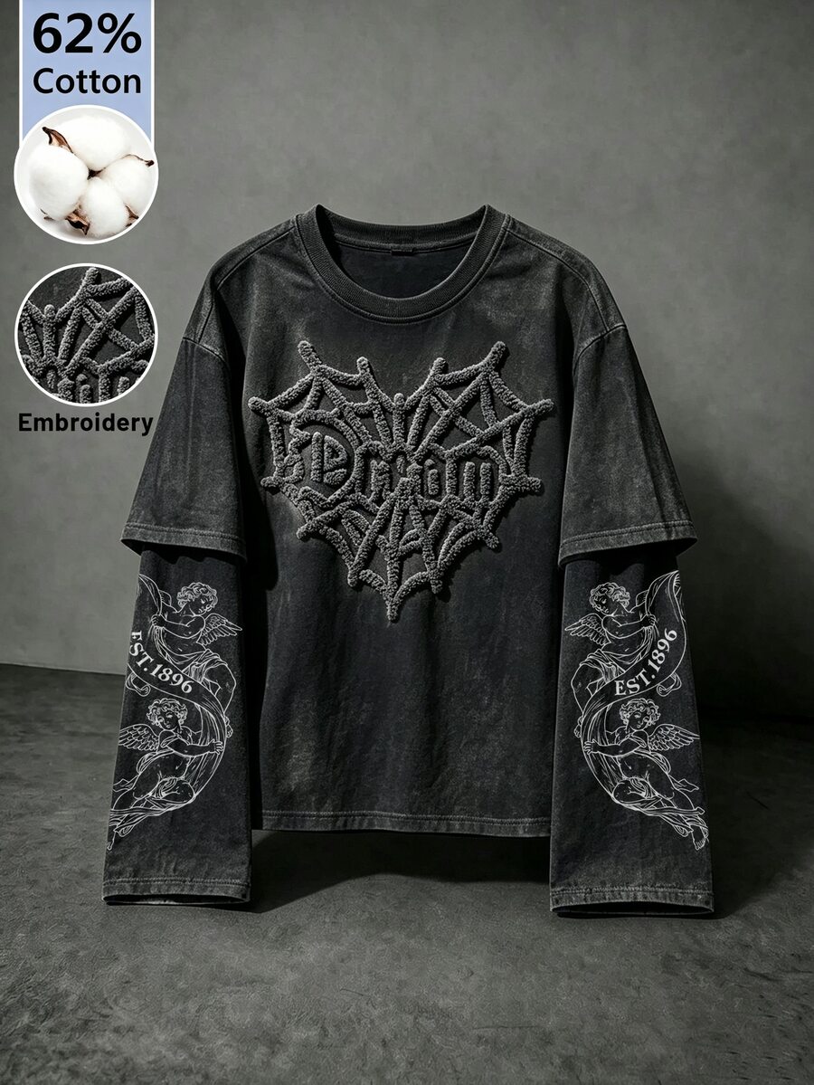 Manfinity EMRG 男士水洗 2-in-1 層次感 T-shirt,3D 蜘蛛網與天使圖案長袖圓領上衣,適合街頭風、日常穿著與休閒外出 - 黑色 - 查看 1