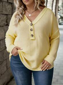 SHEIN LUNE New Fashion Casual V-Neck Button Long Sleeve Color T-Shirt For Women Fall - Light Yellow - View 4