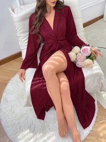 SHEIN 女款長袖寬鬆休閒居家睡袍 - 酒紅色 - 查看 5