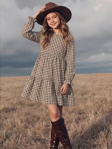 兒童青少年女孩雙胞胎女孩格紋寬鬆可愛休閒格紋圖案荷葉邊裝飾荷葉袖燈芯絨法式秋季洋裝 - 棕色 - 查看 3