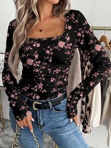 SHEIN LUNE Casual Minimalist Plus Size Square Neck Floral Print Daily Wear T-Shirt - Multicolor - View 1