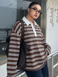 Dazy Plus 拼色拼接 Polo 領寬鬆條紋博主休閒風春夏新款 T 恤 - 棕色 - 查看 1