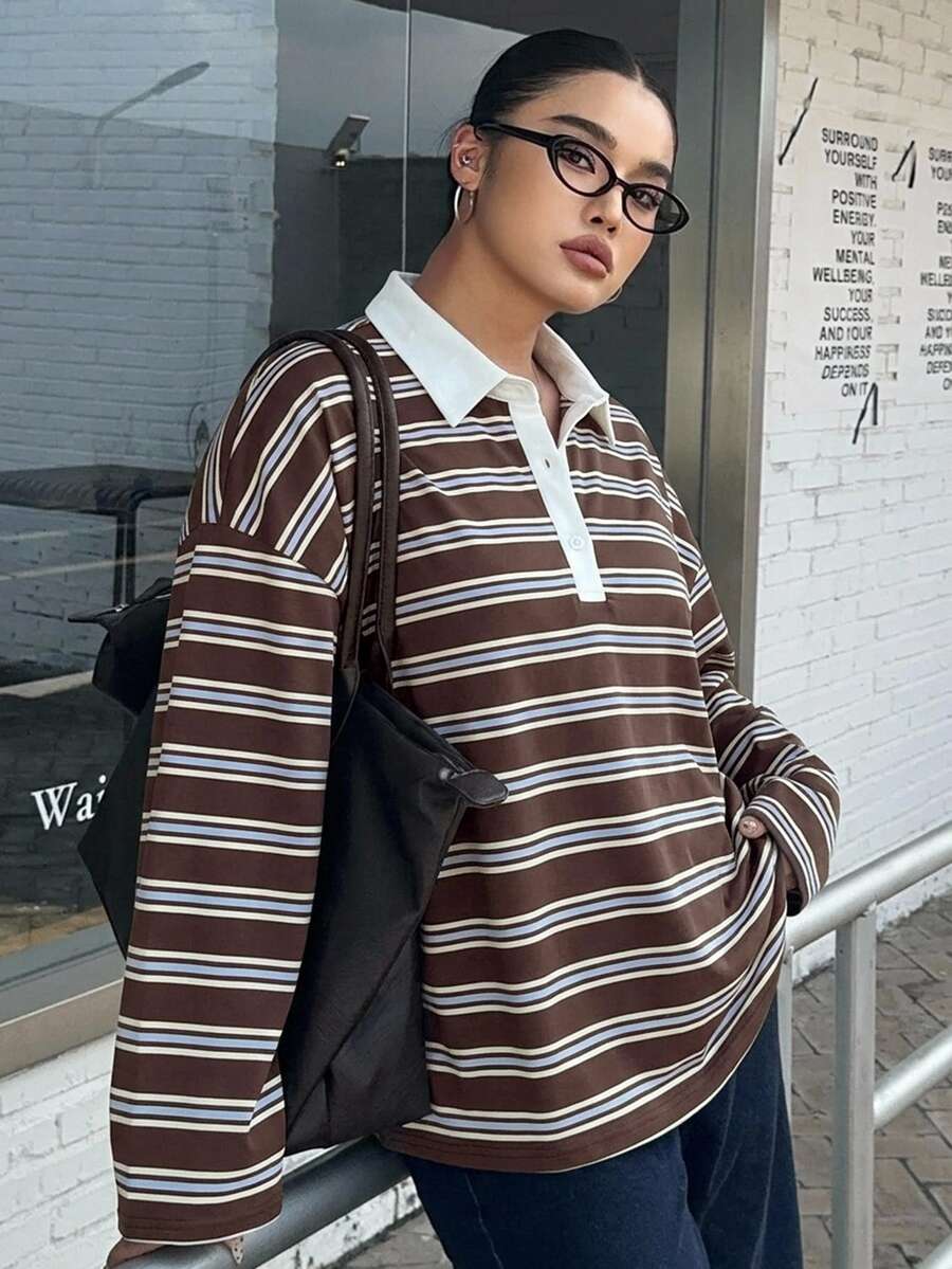 Dazy Plus 拼色拼接 Polo 領寬鬆條紋博主休閒風春夏新款 T 恤 - 棕色 - 查看 1