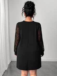 SHEIN Elenzya Black Wide Sleeve Embroidered Design Plus Size Dress - Black - View 5