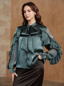 Anewsta New Elegant Fashion Loose Ruffle Tie-Front Blouse For Women - Cadet Blue - View 4