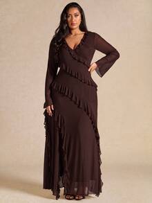 SHEIN BAE Plus Size Women's Split Hem Ruffle Long Sleeve Dress - Chocolate Brown - View 4
