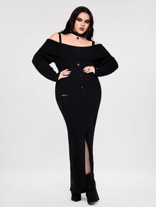 ROMWE Plus Size Gothic Dark Distressed Fitted Cold Shoulder Sweater Dress - Black - View 1