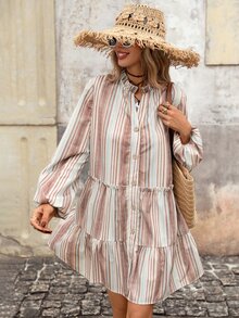 Brillora Women's Striped Single-Breasted Ruffle Hem Lantern Sleeve Casual Short Dress - 棕色 - 查看 8