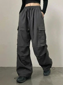 DAZY Women's Solid Color Drawstring Waist Casual Daily Long Pants - Dark Grey - View 2