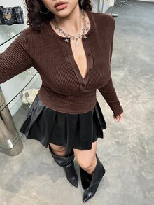 GalTyme 大尺碼女款秋冬復古做舊酸洗圓領半排扣長袖T恤 - 棕色 - 查看 4