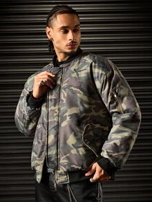 ROMWE MEN Street Life Jaket Musim Dingin Pria Model Baseball Kerah Kamuflase dengan Resleting - Hijau - View 8
