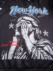 SHEIN 兒童青少年男童 2 件套街頭風新款休閒時尚極簡 Y2K 風格塗鴉手繪嘻哈人像星星圖案英文字母運動風連帽衛衣與喇叭運動長褲套裝，適合秋冬家庭聚會、返校拍照、假期、運動 - 彩色 - 查看 3