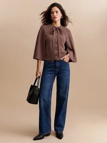 CielaLinda Women's Brown Ruched Cape Knit Cardigan, Tie Front Bow Button Sweater - Brown - View 6