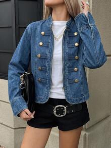 DAZY Women's Small Stand Collar Washed Button-Down Denim Jacket And Coat - Medium Wash - View 2