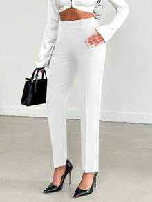 SHEIN Petite Women's Solid Color Button Front Pocket Casual Long Pants - White - View 6