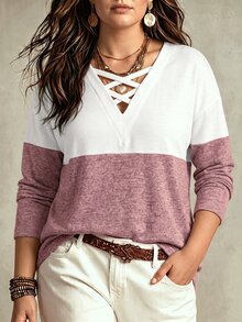 SHEIN LUNE 女款休閒對比色大尺碼運動衫，秋冬季 - 彩色 - 查看 1