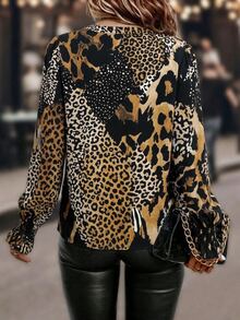 Linhara CURVE Plus Size Women's Leopard Print Notch V-Neck Long Sleeve Fashion Blouse - Brown - View 2