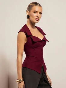 Hauture Women's Sexy Casual Office Solid Color Corset Bustier Collared Sleeveless Top - Burgundy - View 3