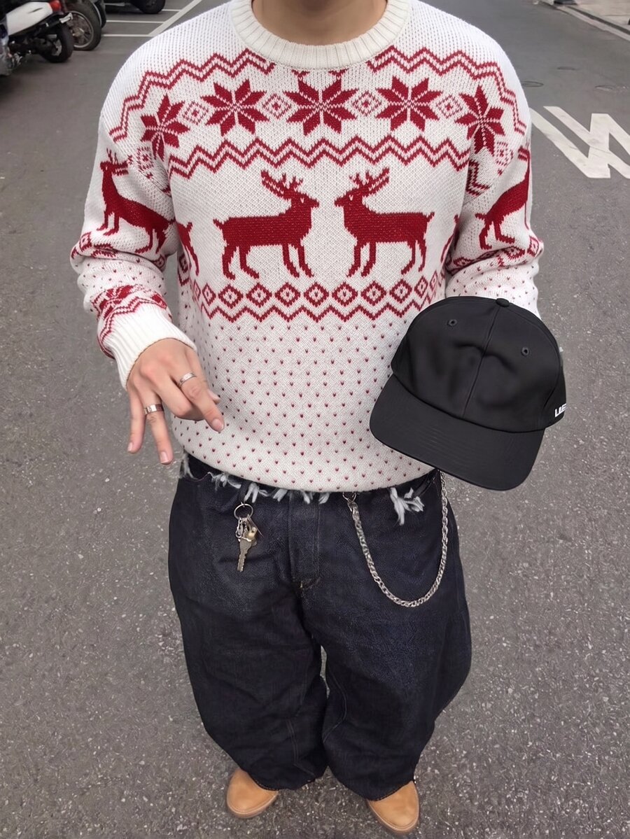 Manfinity Hypemode 男士圓領長袖套頭毛衣,休閒提花針織秋冬服飾,聖誕費爾島落肩百搭鹿與雪花圖案套頭毛衣 - 米色 - 查看 1