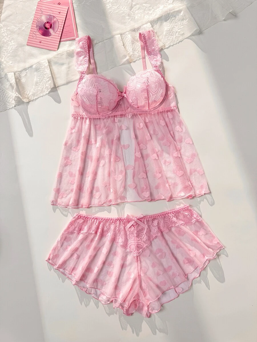 PetitDoll Sexy Sweet Lace Bra And Bow Decor Triangle Panty Lingerie Set - Pink - View 1