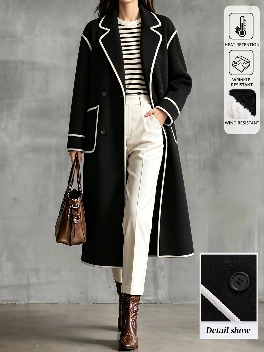 LUMIGAL Women's Autumn/Winter Lapel Neck Long Sleeve Trimmed Casual Overcoat - Black and White - View 1