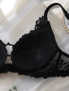 DelicateAllure Áo ngực size lớn màu đen có gọng, cúp đúc, nâng đỡ cao, khe ngực thấp, phối ren, phong cách Pháp lãng mạn - màu đen - Xem 6