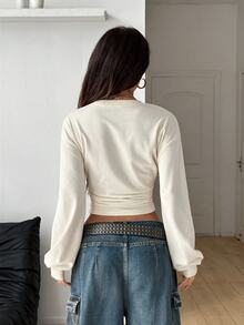Coolane 女款素色百褶休閒日常長袖運動衫 - 杏色 - 查看 4