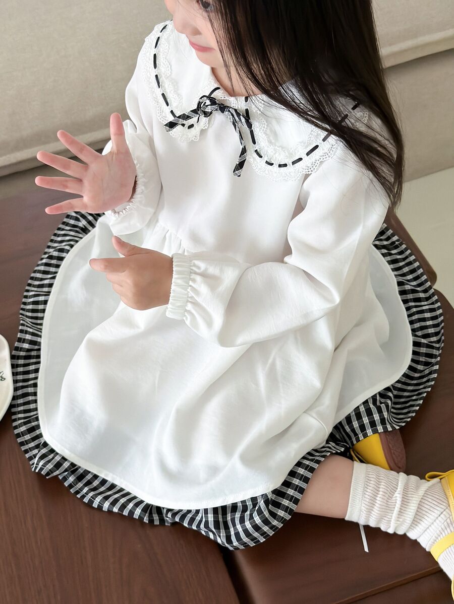 DAZY Tween Girl) Plaid Decor Patchwork Bowknot Long Sleeve Puff Sleeve Cute Sweet Dress - White - View 1