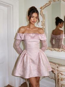 Allurite Women's Elegant Romantic Cold Shoulder Lace Sleeve Patchwork Mini Dress, Suitable For Birthday Party Cocktail, Back To School, Graduation Prom - Pink - View 4