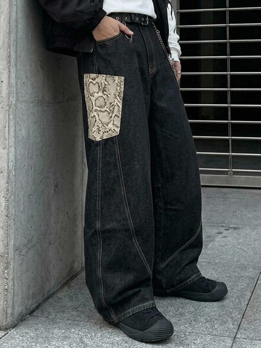 DAZY Men's Long Wide Leg Jeans With Side Pockets, Blind Texture Fabric, Color Block Streetwear Patchwork Style, Spring/Autumn - Black - View 1