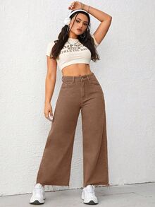 SHEIN CURVE+ بنطلون جينز مقاس كبير مغسول بلون موحد - بني - مشاهدة 6