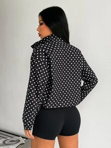 SHEIN Dewbera Women's Polka Dot Pattern Long Sleeve Pocket Casual Sports Jacket - Black - View 4