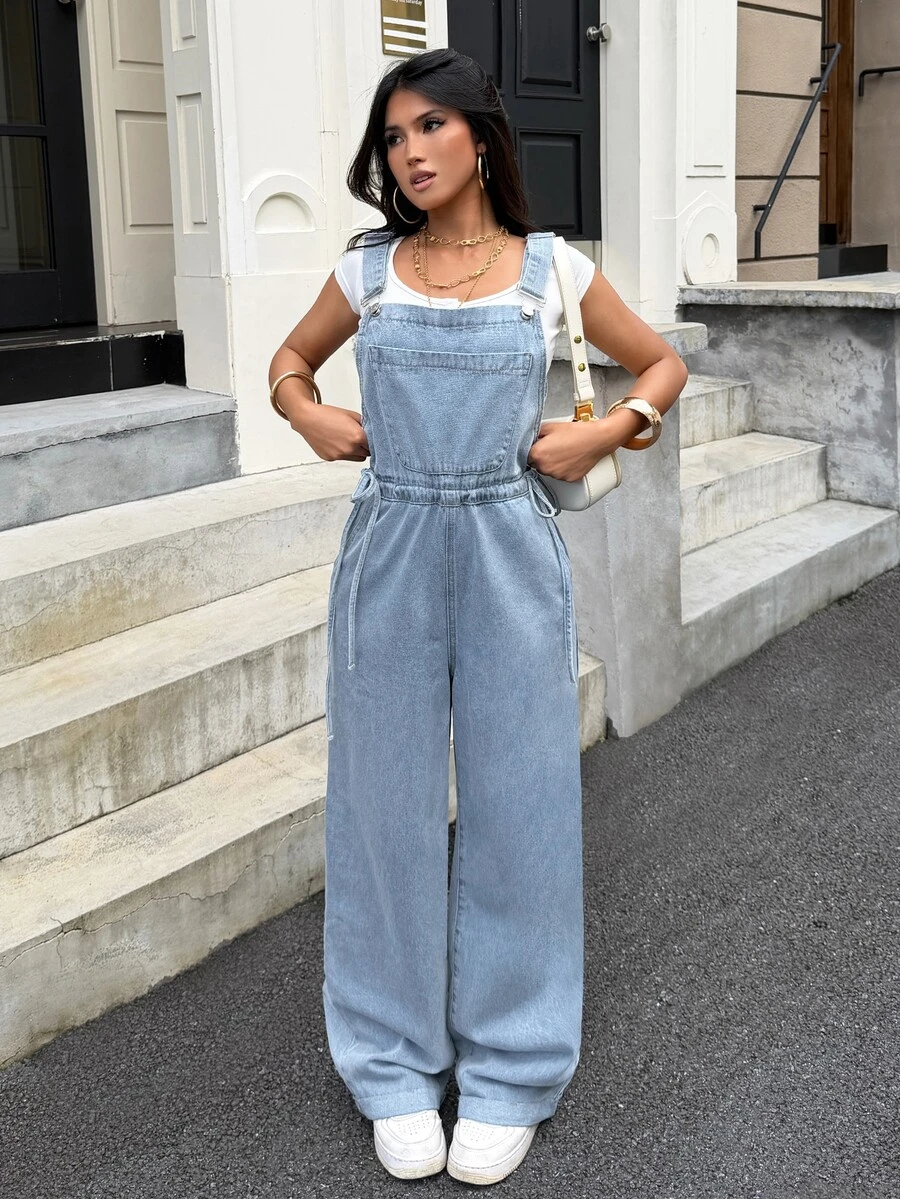 Rivivi Plus Size Women's Side Tie Waist Wide Leg Casual Denim Overalls With Washed Finish - Light Wash - View 1