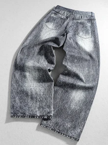 ROMWE MEN Street Life Celana Jeans Denim Pria Premium Abu-abu Serbaguna dengan Motif Grafiti Vintage - Grey - View 2
