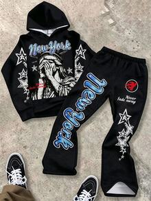 SHEIN 兒童青少年男童 2 件套街頭風新款休閒時尚極簡 Y2K 風格塗鴉手繪嘻哈人像星星圖案英文字母運動風連帽衛衣與喇叭運動長褲套裝，適合秋冬家庭聚會、返校拍照、假期、運動 - 彩色 - 查看 1