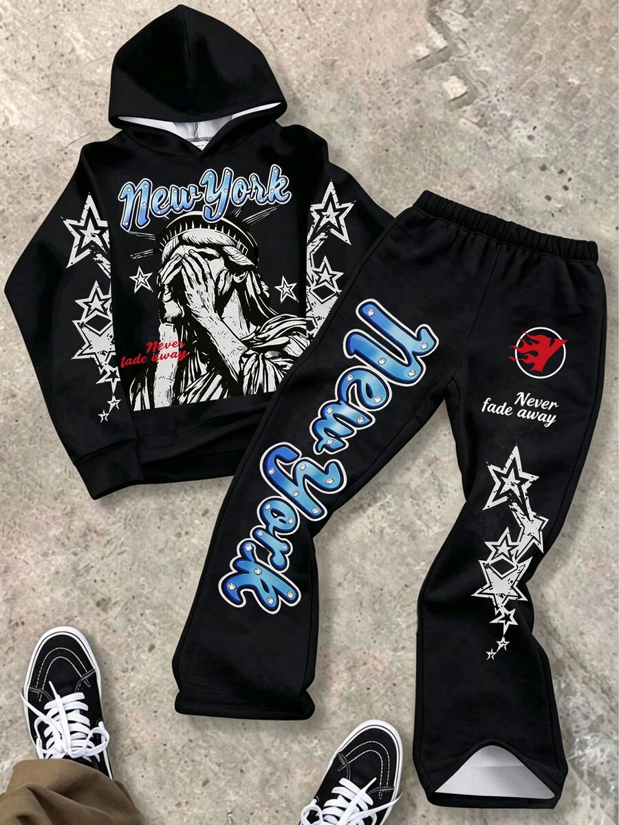 SHEIN 兒童青少年男童 2 件套街頭風新款休閒時尚極簡 Y2K 風格塗鴉手繪嘻哈人像星星圖案英文字母運動風連帽衛衣與喇叭運動長褲套裝,適合秋冬家庭聚會、返校拍照、假期、運動 - 彩色 - 查看 1
