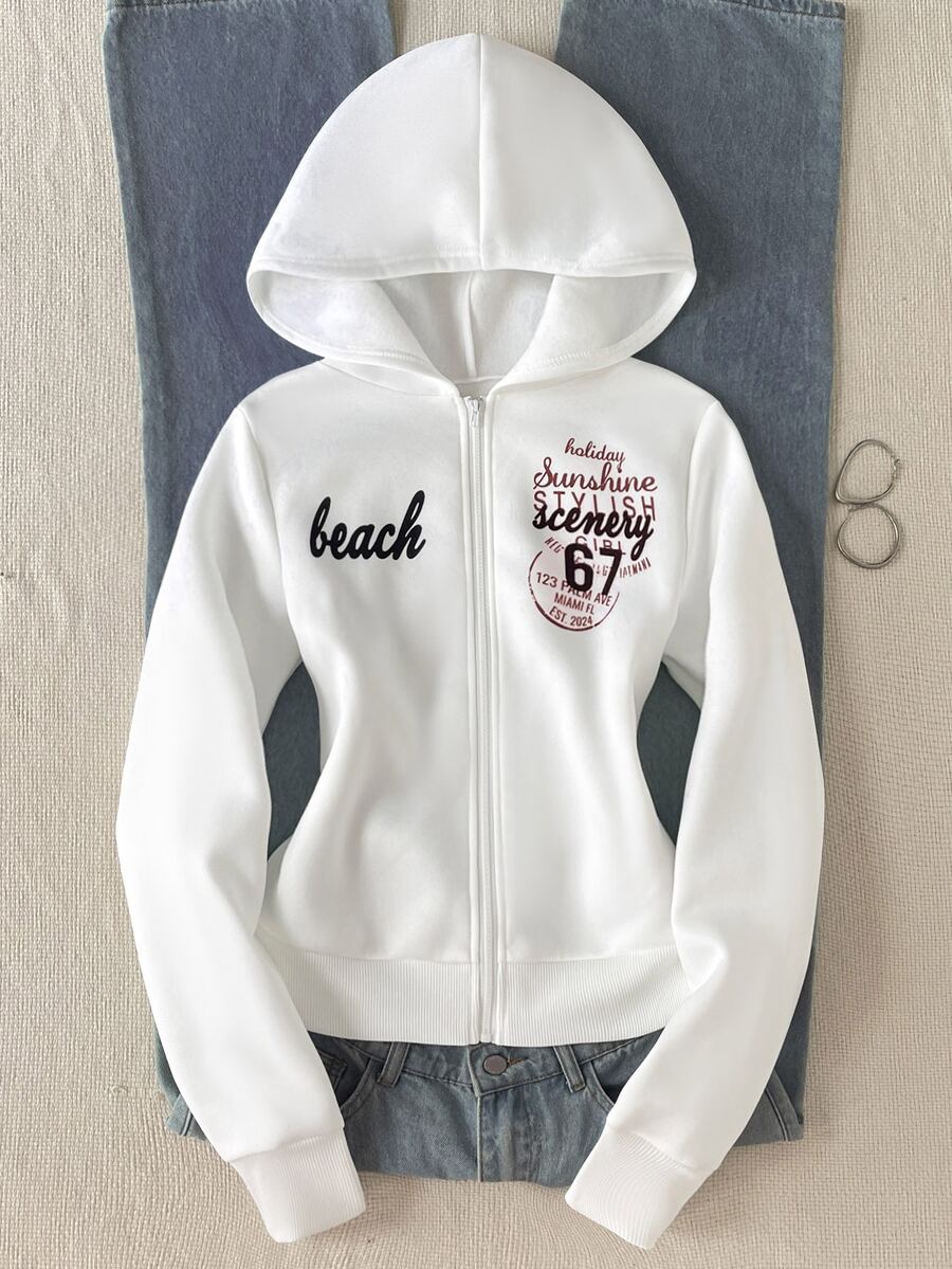 SHEIN 青少年女孩秋冬休閒街頭風白色保暖內裡字母印花拉鍊連帽修身短版運動衫 - 白色 - 查看 1
