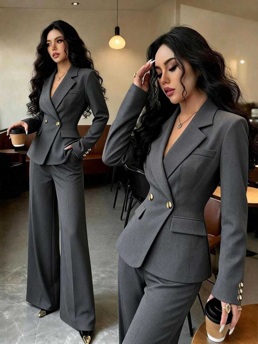 Rafferiza 女款優雅通勤翻領純色藍色金鈕扣秋冬西裝外套+口袋長褲套裝,百搭款 - 灰色 - 查看 1