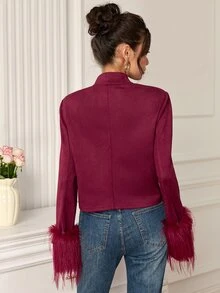 EastFlair Women's Fashion Regular Jacket With Frog Button Front And Faux Fur Cuffs - Rose Red - View 7