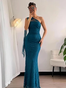 Firerie 女款夏季優雅浪漫時尚通勤性感風不對稱單肩修身洋裝，適合派對、海灘度假、開學季、浪漫約會、婚禮季、生日、復活節，春夏洋裝 - 水鴨藍 - 查看 9