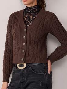 Freevana Elegant V-Neck Twisted Rope Cable Knit Single-Breasted Cardigan - Coffee Brown - View 5