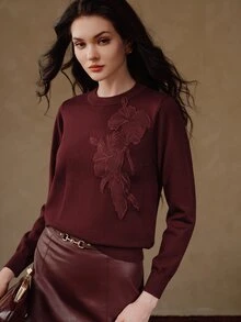 Anewsta Atasan Rajut Wanita Leher Bulat Warna Burgundy dengan Aplikasi Rajut Awal Musim Gugur - Burgundy - View 3