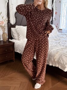 CottageSlumber Vintage Brown Ditsy Floral Home Set, Comfortable Soft Plush Round Neck Long Sleeve Pants 2 Pieces Set - Brown - View 6