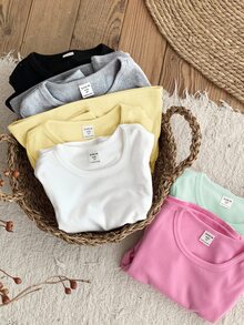 SHEIN 女童小女孩 6件組純色針織圓領休閒T恤，刷毛加厚面料，適合秋冬穿著 - 彩色 - 查看 6