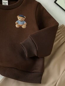 Souflis Souflis 2件組幼兒男童運動衫長褲套裝 英倫風棕色卡其熊圖案刺繡羅紋長袖圓領加厚生日派對冬季秋季毛衣 - 棕色 - 查看 6