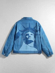 ROMWE MEN Street Life Men's Character Print Button Long Sleeve Denim Jacket - Blue - View 2